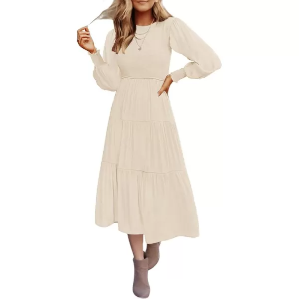 ZESICA Womens 2024 Casual Long Sleeve Crew Neck High Waist Smocked Flowy Tiered Midi DressBeige