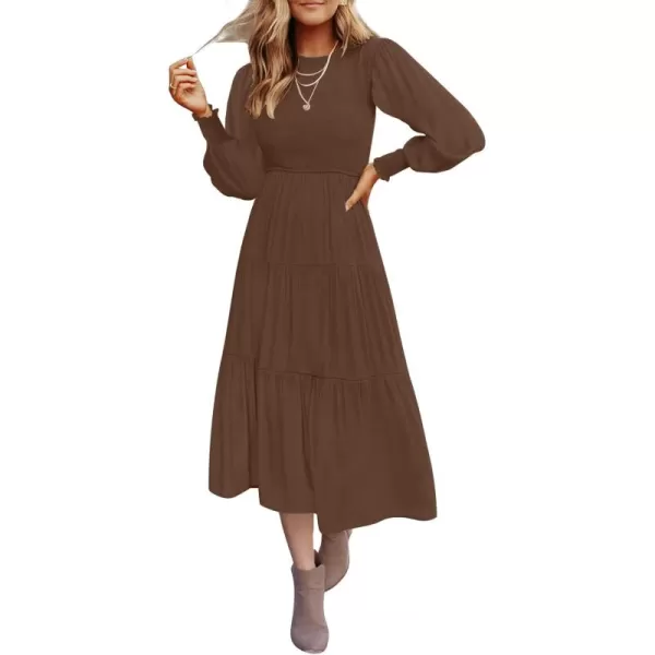 ZESICA Womens 2024 Casual Long Sleeve Crew Neck High Waist Smocked Flowy Tiered Midi DressCoffee
