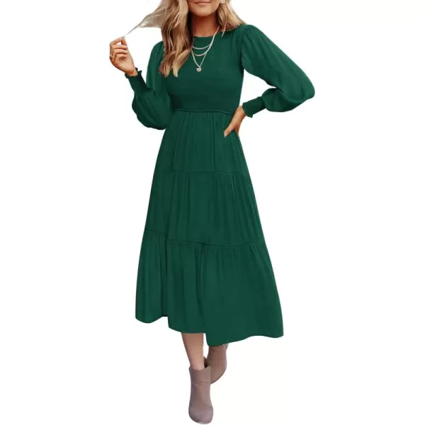 ZESICA Womens 2024 Casual Long Sleeve Crew Neck High Waist Smocked Flowy Tiered Midi DressDarkgreen