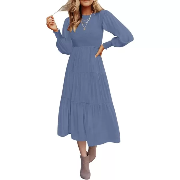ZESICA Womens 2024 Casual Long Sleeve Crew Neck High Waist Smocked Flowy Tiered Midi DressDustyblue