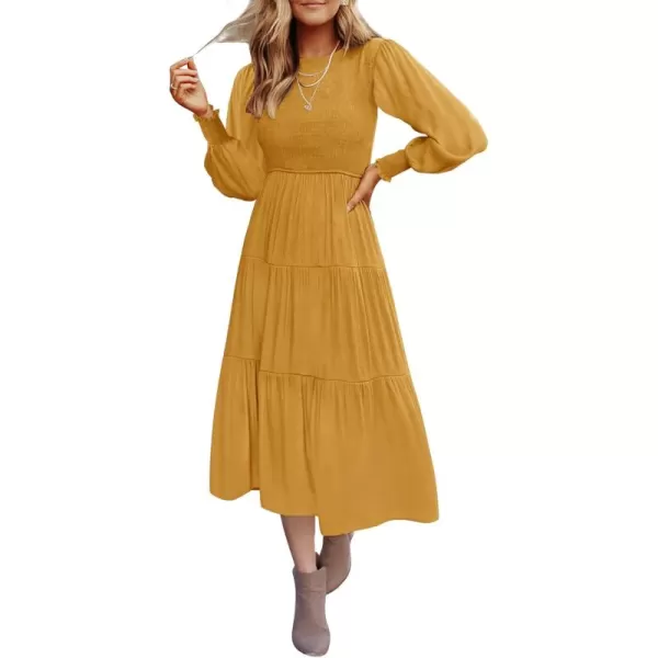 ZESICA Womens 2024 Casual Long Sleeve Crew Neck High Waist Smocked Flowy Tiered Midi DressGinger