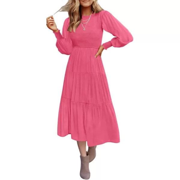 ZESICA Womens 2024 Casual Long Sleeve Crew Neck High Waist Smocked Flowy Tiered Midi DressHotpink