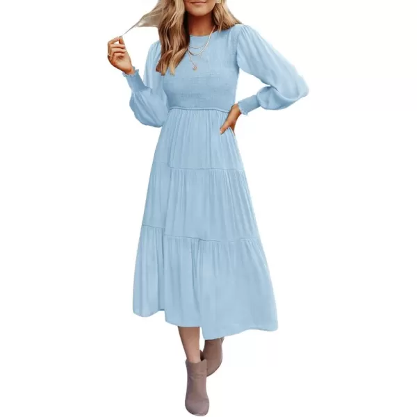 ZESICA Womens 2024 Casual Long Sleeve Crew Neck High Waist Smocked Flowy Tiered Midi DressLightblue