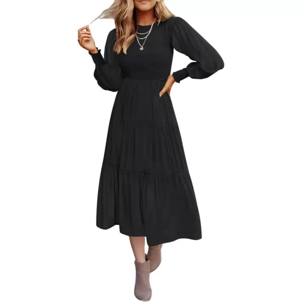 ZESICA Womens 2024 Casual Long Sleeve Crew Neck High Waist Smocked Flowy Tiered Midi DressPureblack
