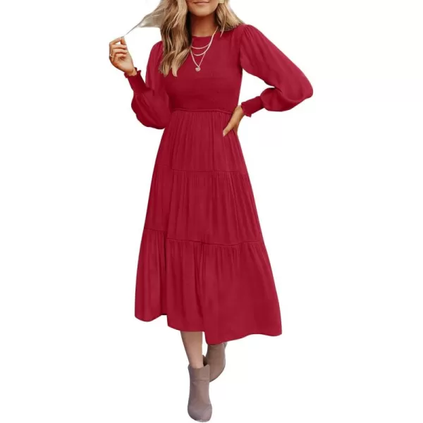 ZESICA Womens 2024 Casual Long Sleeve Crew Neck High Waist Smocked Flowy Tiered Midi DressRed