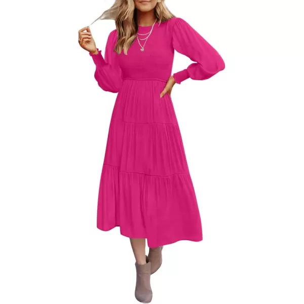 ZESICA Womens 2024 Casual Long Sleeve Crew Neck High Waist Smocked Flowy Tiered Midi DressRose