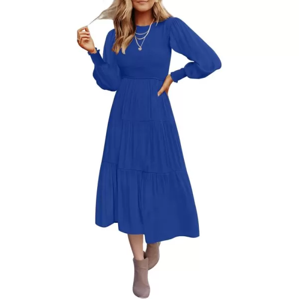 ZESICA Womens 2024 Casual Long Sleeve Crew Neck High Waist Smocked Flowy Tiered Midi DressRoyalblue