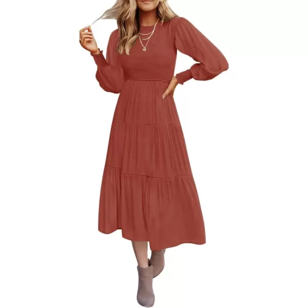 ZESICA Womens 2024 Casual Long Sleeve Crew Neck High Waist Smocked Flowy Tiered Midi DressRust