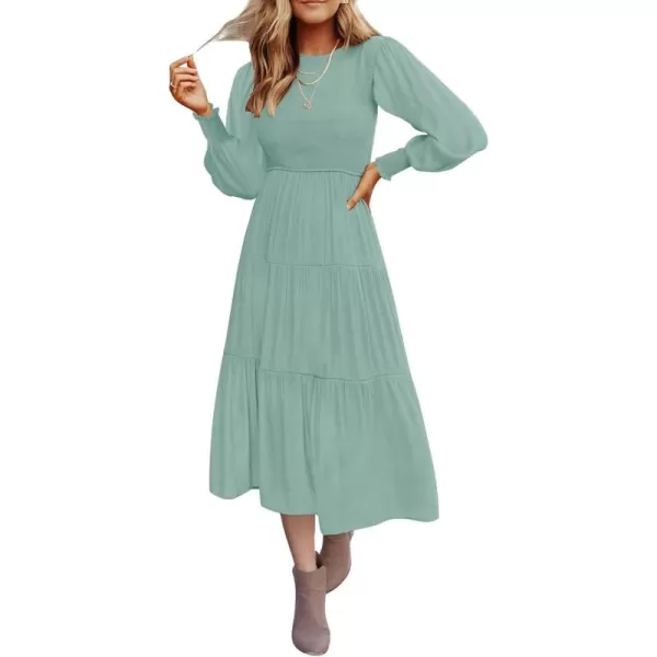 ZESICA Womens 2024 Casual Long Sleeve Crew Neck High Waist Smocked Flowy Tiered Midi DressSage