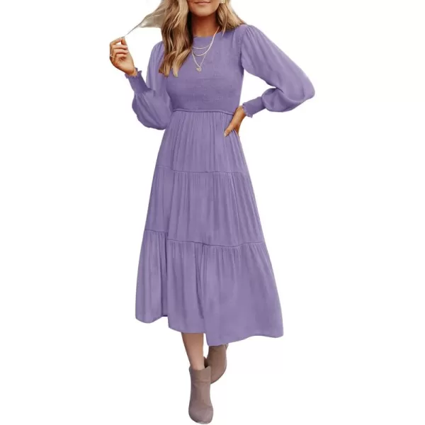 ZESICA Womens 2024 Casual Long Sleeve Crew Neck High Waist Smocked Flowy Tiered Midi DressViolet