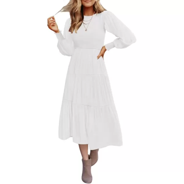 ZESICA Womens 2024 Casual Long Sleeve Crew Neck High Waist Smocked Flowy Tiered Midi DressWhite