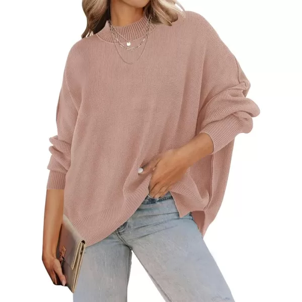 ZESICA Womens 2024 Fall Casual Long Sleeve Crew Neck Side Slit Oversized Ribbed Knit Pullover Sweater TopsAlmond