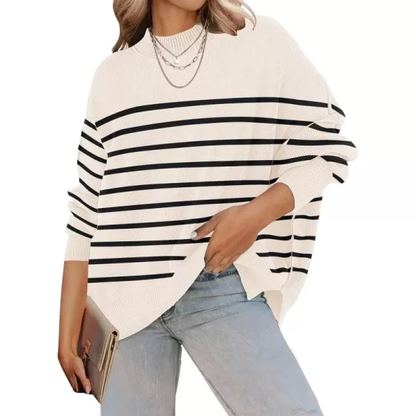 ZESICA Womens 2024 Fall Casual Long Sleeve Crew Neck Side Slit Oversized Ribbed Knit Pullover Sweater TopsApricotstripe