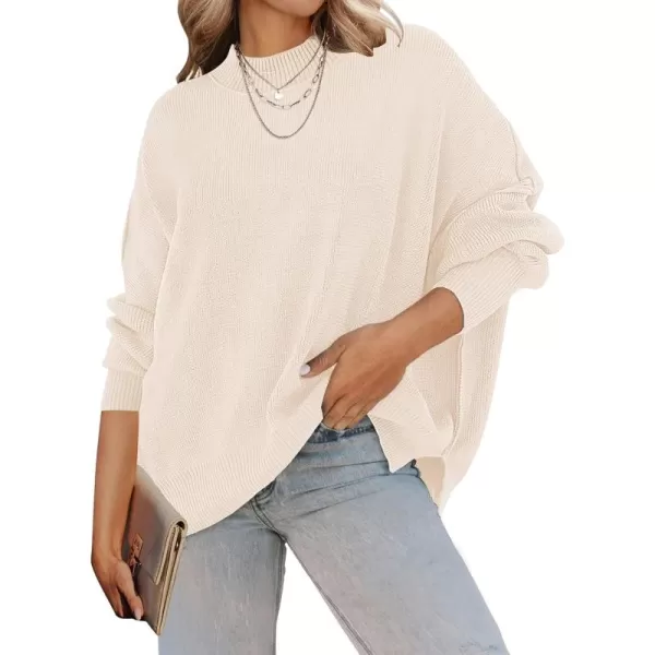 ZESICA Womens 2024 Fall Casual Long Sleeve Crew Neck Side Slit Oversized Ribbed Knit Pullover Sweater TopsBeige