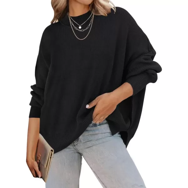ZESICA Womens 2024 Fall Casual Long Sleeve Crew Neck Side Slit Oversized Ribbed Knit Pullover Sweater TopsBlack