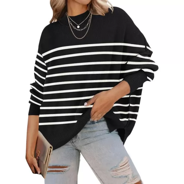 ZESICA Womens 2024 Fall Casual Long Sleeve Crew Neck Side Slit Oversized Ribbed Knit Pullover Sweater TopsBlackstripe