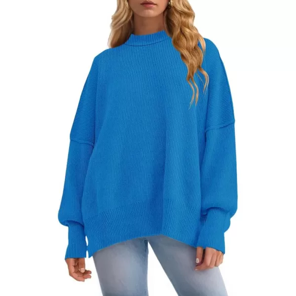 ZESICA Womens 2024 Fall Casual Long Sleeve Crew Neck Side Slit Oversized Ribbed Knit Pullover Sweater TopsBrightblue
