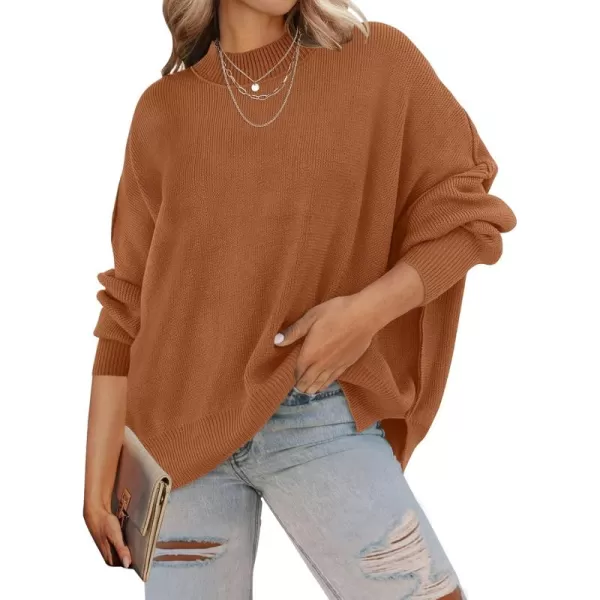 ZESICA Womens 2024 Fall Casual Long Sleeve Crew Neck Side Slit Oversized Ribbed Knit Pullover Sweater TopsCaramel
