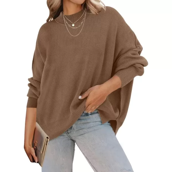 ZESICA Womens 2024 Fall Casual Long Sleeve Crew Neck Side Slit Oversized Ribbed Knit Pullover Sweater TopsCoffee