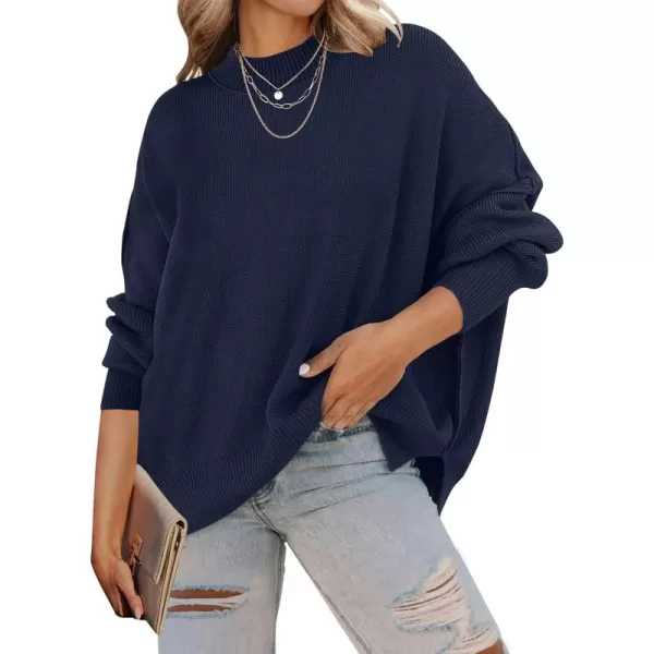ZESICA Womens 2024 Fall Casual Long Sleeve Crew Neck Side Slit Oversized Ribbed Knit Pullover Sweater TopsNavy
