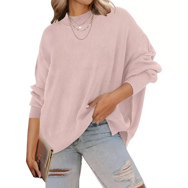 ZESICA Womens 2024 Fall Casual Long Sleeve Crew Neck Side Slit Oversized Ribbed Knit Pullover Sweater TopsPink