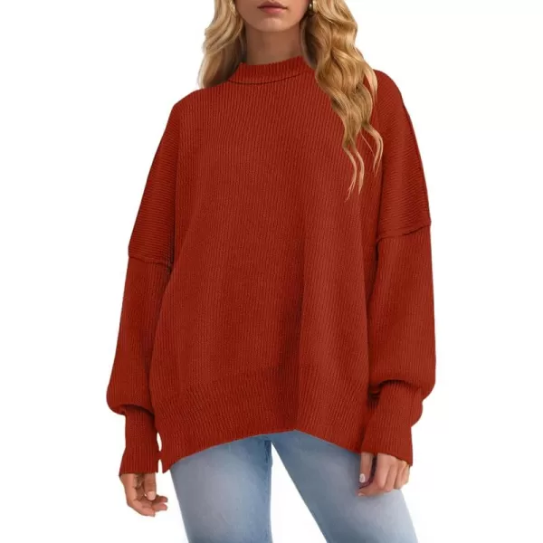 ZESICA Womens 2024 Fall Casual Long Sleeve Crew Neck Side Slit Oversized Ribbed Knit Pullover Sweater TopsRust