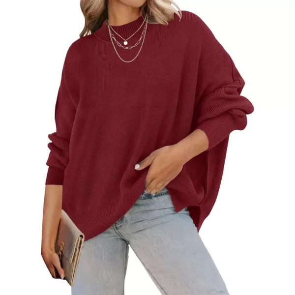 ZESICA Womens 2024 Fall Casual Long Sleeve Crew Neck Side Slit Oversized Ribbed Knit Pullover Sweater TopsWine