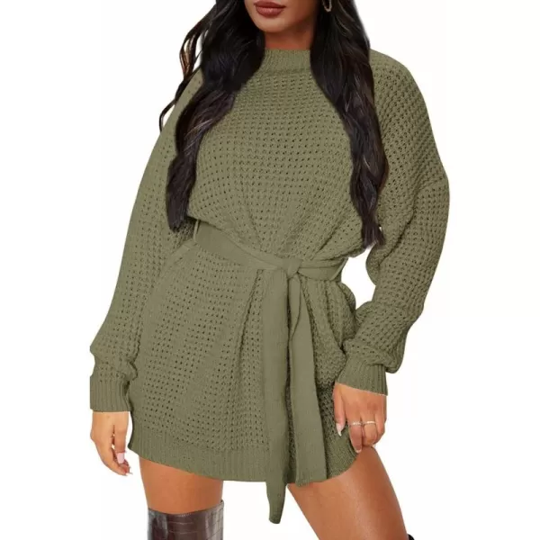 ZESICA Womens 2024 Fall Long Sleeve Solid Color Waffle Knitted Tie Wasit Tunic Pullover Sweater DressArmy Green