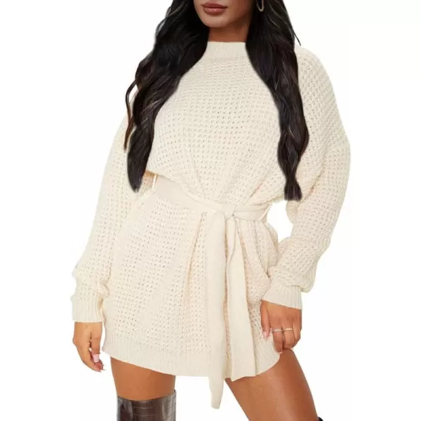 ZESICA Womens 2024 Fall Long Sleeve Solid Color Waffle Knitted Tie Wasit Tunic Pullover Sweater DressBeige
