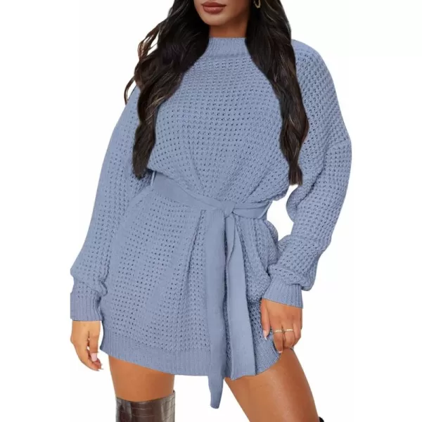 ZESICA Womens 2024 Fall Long Sleeve Solid Color Waffle Knitted Tie Wasit Tunic Pullover Sweater DressBlue