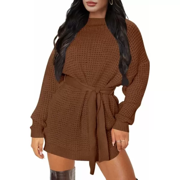 ZESICA Womens 2024 Fall Long Sleeve Solid Color Waffle Knitted Tie Wasit Tunic Pullover Sweater DressBrown