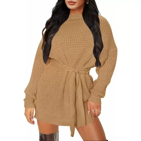 ZESICA Womens 2024 Fall Long Sleeve Solid Color Waffle Knitted Tie Wasit Tunic Pullover Sweater DressCamel
