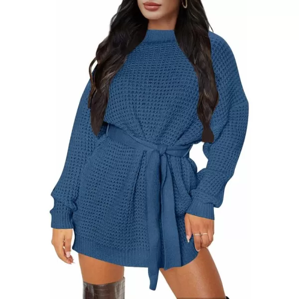ZESICA Womens 2024 Fall Long Sleeve Solid Color Waffle Knitted Tie Wasit Tunic Pullover Sweater DressDustyblue