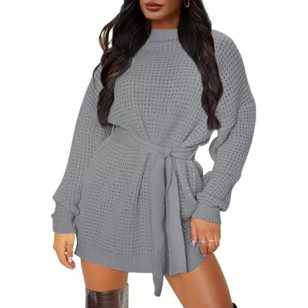 ZESICA Womens 2024 Fall Long Sleeve Solid Color Waffle Knitted Tie Wasit Tunic Pullover Sweater DressGrey