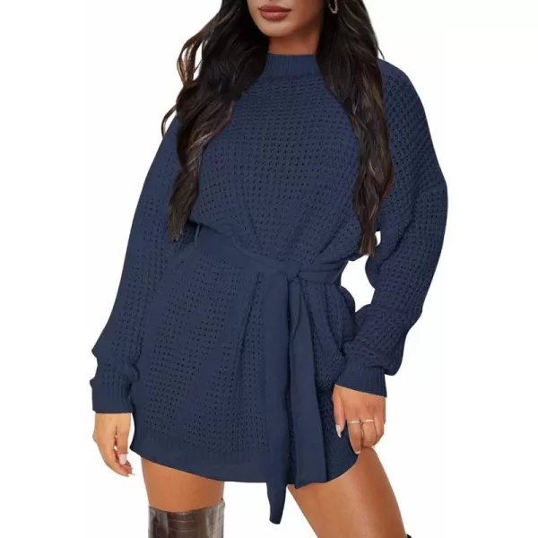 ZESICA Womens 2024 Fall Long Sleeve Solid Color Waffle Knitted Tie Wasit Tunic Pullover Sweater DressNavy