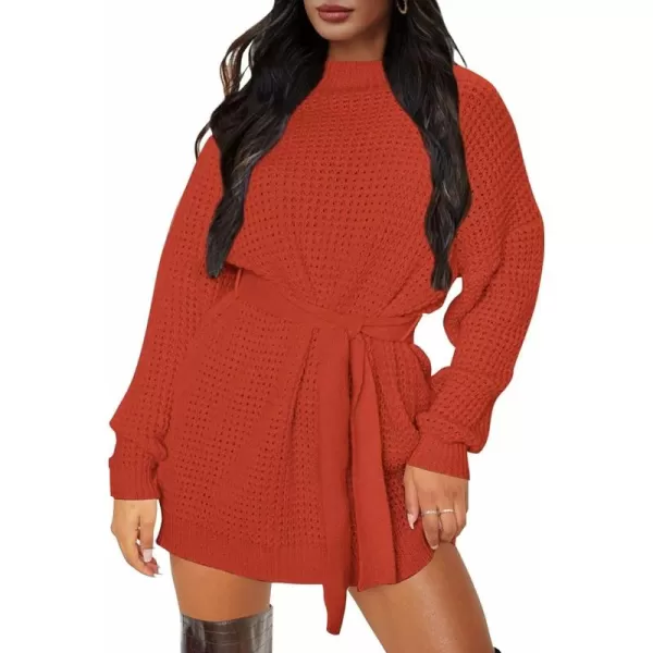 ZESICA Womens 2024 Fall Long Sleeve Solid Color Waffle Knitted Tie Wasit Tunic Pullover Sweater DressOrange