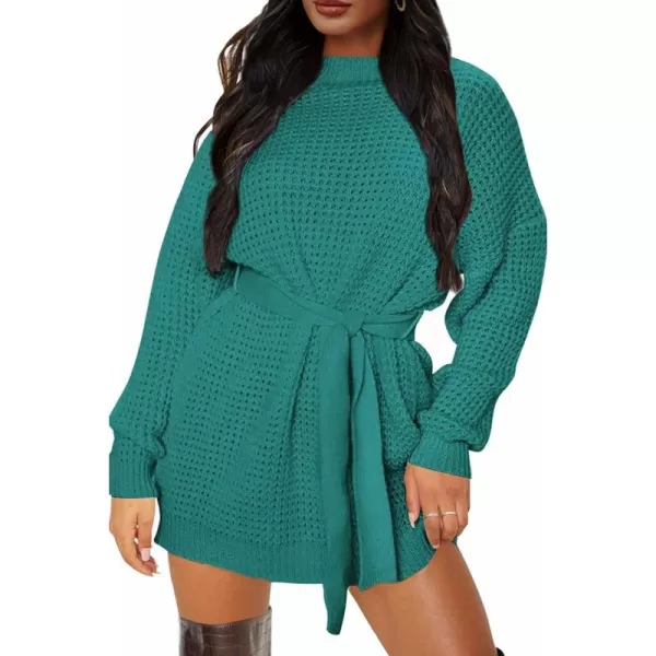 ZESICA Womens 2024 Fall Long Sleeve Solid Color Waffle Knitted Tie Wasit Tunic Pullover Sweater DressPeacock