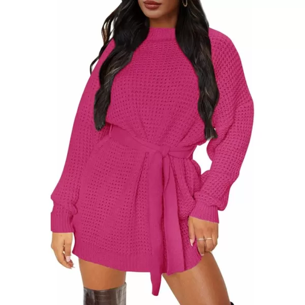 ZESICA Womens 2024 Fall Long Sleeve Solid Color Waffle Knitted Tie Wasit Tunic Pullover Sweater DressRose