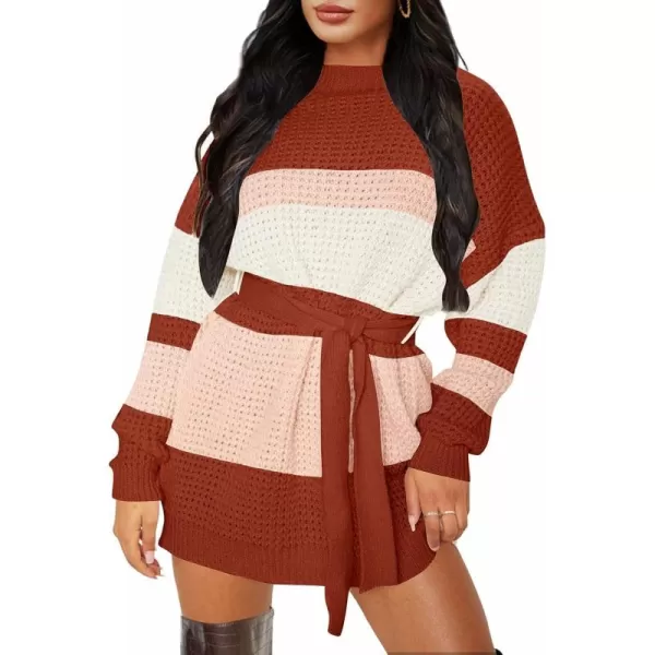 ZESICA Womens 2024 Fall Long Sleeve Solid Color Waffle Knitted Tie Wasit Tunic Pullover Sweater DressRust