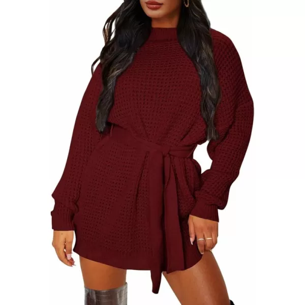 ZESICA Womens 2024 Fall Long Sleeve Solid Color Waffle Knitted Tie Wasit Tunic Pullover Sweater DressWine