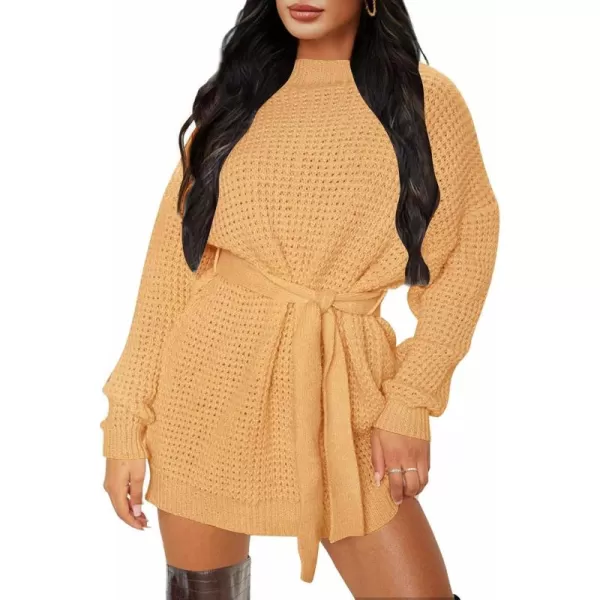 ZESICA Womens 2024 Fall Long Sleeve Solid Color Waffle Knitted Tie Wasit Tunic Pullover Sweater DressYellow