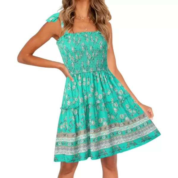 ZESICA Womens 2024 Summer Boho Floral Printed Spaghetti Strap Square Neck Ruffle A Line Swing Beach Mini DressAqua