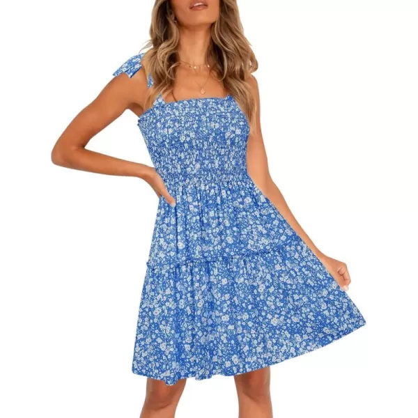 ZESICA Womens 2024 Summer Boho Floral Printed Spaghetti Strap Square Neck Ruffle A Line Swing Beach Mini DressBlue