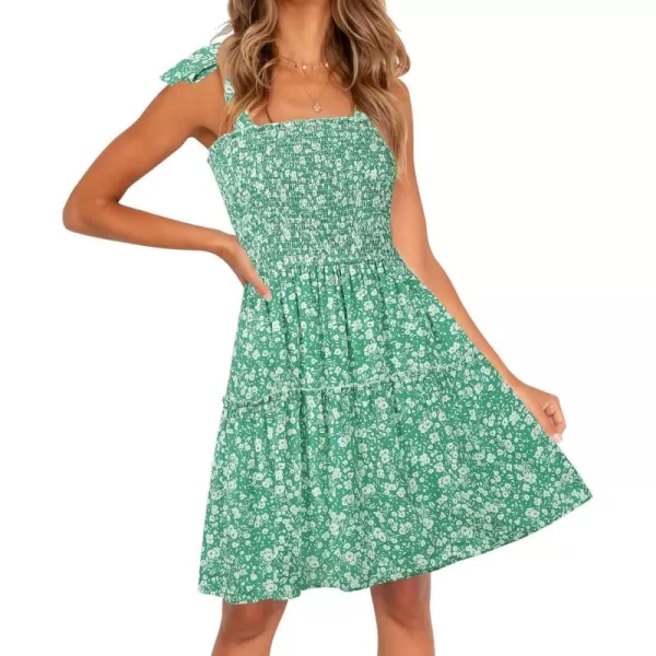 ZESICA Womens 2024 Summer Boho Floral Printed Spaghetti Strap Square Neck Ruffle A Line Swing Beach Mini DressGreen