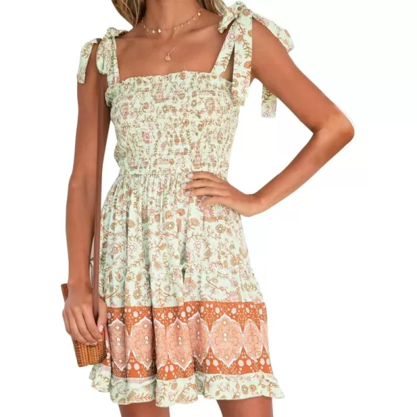 ZESICA Womens 2024 Summer Boho Floral Printed Spaghetti Strap Square Neck Ruffle A Line Swing Beach Mini DressMaple