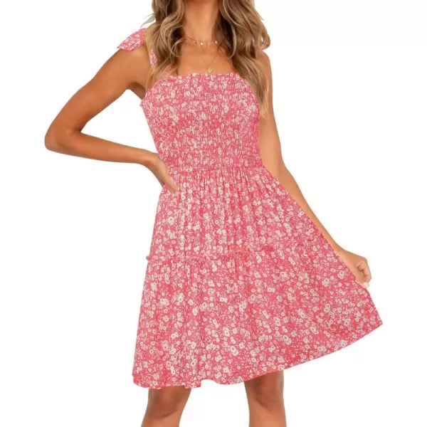 ZESICA Womens 2024 Summer Boho Floral Printed Spaghetti Strap Square Neck Ruffle A Line Swing Beach Mini DressPink