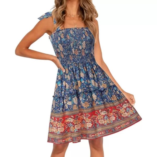 ZESICA Womens 2024 Summer Boho Floral Printed Spaghetti Strap Square Neck Ruffle A Line Swing Beach Mini DressRoyalblue