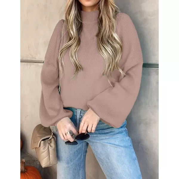 ZESICA Womens 2024 Casual Turtleneck Long Lantern Sleeve Oversized Ribbed Knit Pullover Sweater Jumper TopAlmond