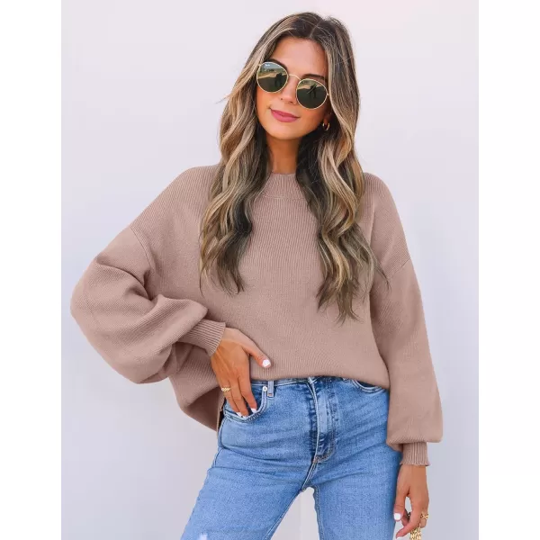 ZESICA Womens 2024 Casual Turtleneck Long Lantern Sleeve Oversized Ribbed Knit Pullover Sweater Jumper TopAlmond