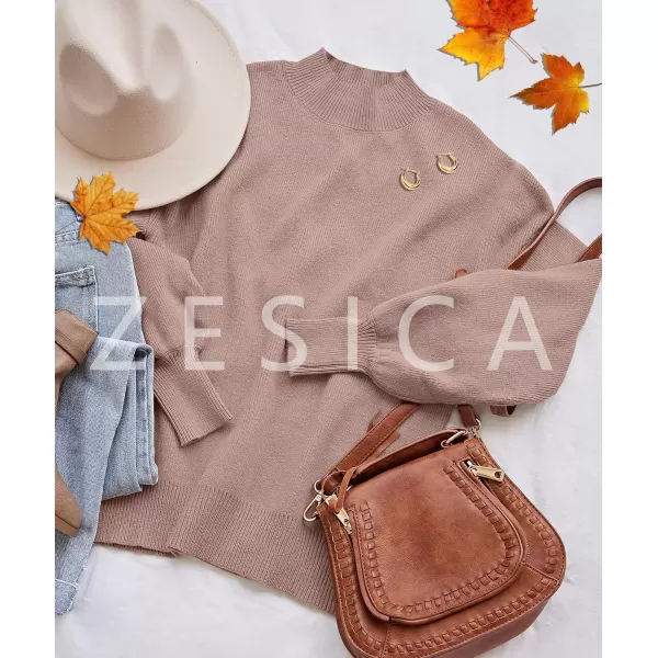 ZESICA Womens 2024 Casual Turtleneck Long Lantern Sleeve Oversized Ribbed Knit Pullover Sweater Jumper TopAlmond